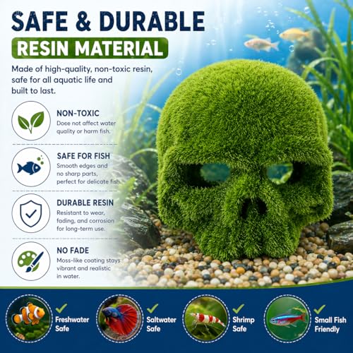 Image of VAYINATO Moss Skull Aquarium Decoration - Resin Hollow Hideout Cave for Betta, Shrimp & Small Fish | Natural Moss Look Tank Ornament | Safe & Durable Aquascaping Decor