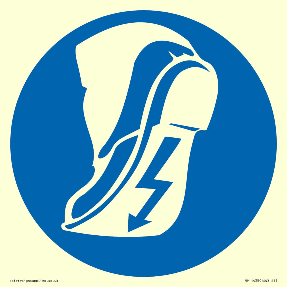 Mandatory: Wear anti-static footwear Sign - 150x150mm - S15, Blue/White