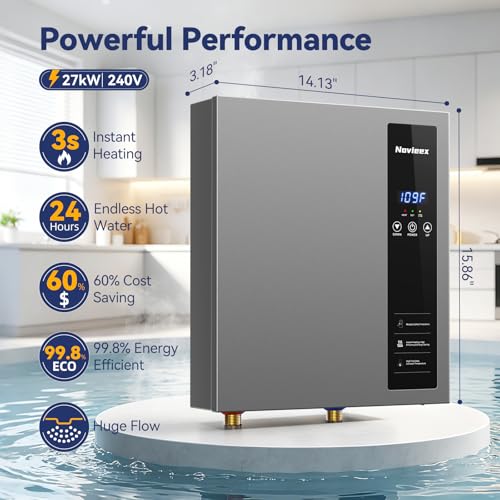 Image of 27kW Tankless Water Heater Electric, NOVIEEX 240V 3s Instant Hot Water Heater, Flow Rate Max 7.4 GPM, Supply for 3-4 Points, Indoor Installation, Heavy Duty Ideal for Whole House Use