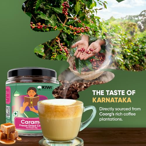 Image of KIWI Kisan Window Caramel Freeze-Dried Instant Coffee, 50g | 100% Arabica | Sourced from Coorg, Karnataka | Smooth Caramel Aroma & Flavour | Easy to Brew Cafe-Style Coffee