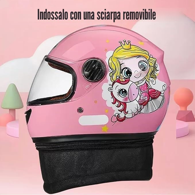 Casco moto integrale per bambini, casco scooter omologato con visiera parasole e sciarpa rimovibile, casco scooter per ragazzi e ragazze dai 3 ai 12 anni