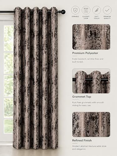Image of HUTI Home Room Darkening Brown Window Curtain | Knitted Jacquard Look Polyester Eyelet Curtain with Texture Print | 5 Feet (120 x 152 cm) | Set of 2