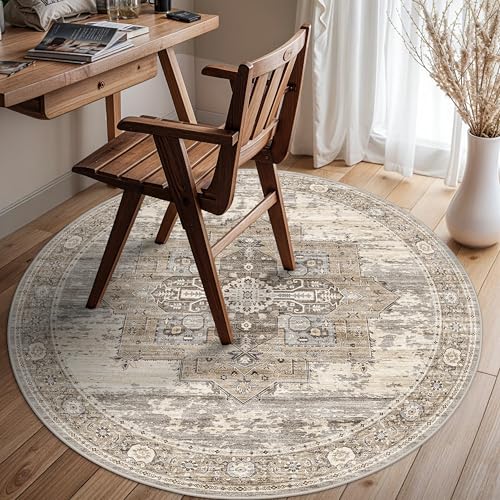 Living Room 4round Area Rugs - Boho Rugs for Living Room Stain Resistant Carpet Vintage Tribal Rugs for Bedroom Kitchen Bathroom with Non Slip Backing Home Decor Floor Decoration Mat 4ft Beige