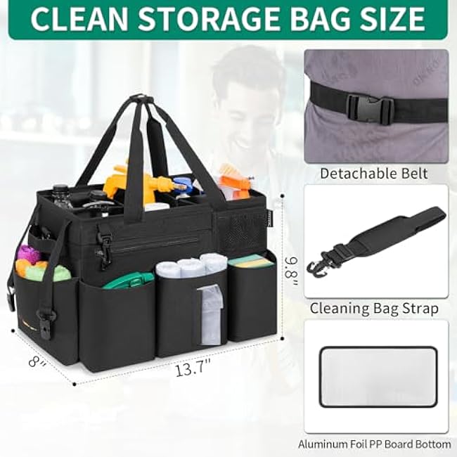 Wearable Cleaning Caddy Bag for Cleaning Supplies, Large Capacity Cleaning Organizer Tote Bag Kitchen Cleaning Supplies Storage Bag for Cleaners Housekeepers (Black)