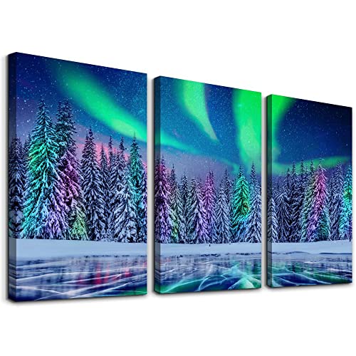 Image of Lapremoly Canvas Wall Art For Living Room Wall Decorations For Bedroom Stretched And Framed Canvas Prints Paintings Aurora Scenery Pictures 3 Piece Bathroom Wall Decor Ready To Hang For Home Decor