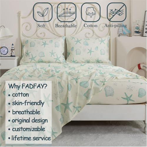 Image of FADFAY 100% Cotton Coastal Sheet Set Full - Ultra Soft Breathable Beach Bedding, Seafoam Green Starfish & Seashell Print, Ocean Themed Bed Sheets for Coastal Bedroom Decor, Deep Pocket, 4 Piece Set