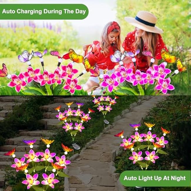Solar Garden Lights, 1 Pack Solar Flower Lights Outdoor Waterproof with 6 Swaying Butterfly, Outdoor Decoration for Yard Patio Lawn Pathway, Gift for Family and Friends