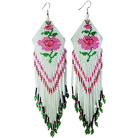 BeadsCorner Glass Beaded Extra Long Earrings Rose Design (White) Cover