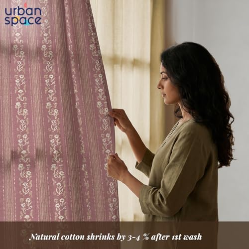 Image of Urban Space Printed 100% Cotton Curtains for Door, Combo Set of 3 Curtains 7 Feet Long, Tieback & Eyelets Included with Curtains for Home Decor (Garden Trail Muddy Pink & Aura Beige, 7 Feet)