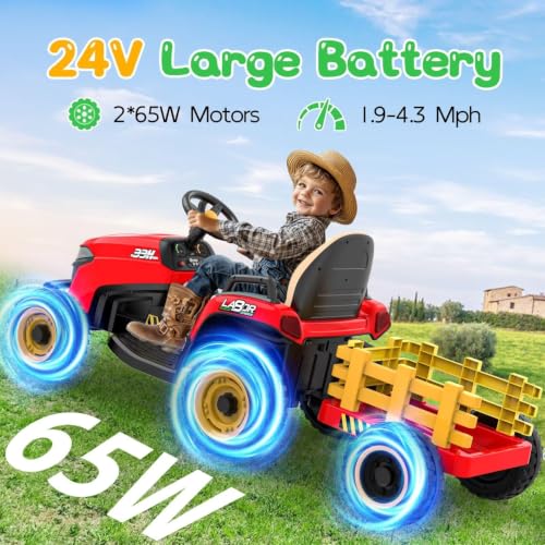 Image of ANPABO 24V Ride On Tractor for Kids w /Detachable Trailer, EVA Tires, Red