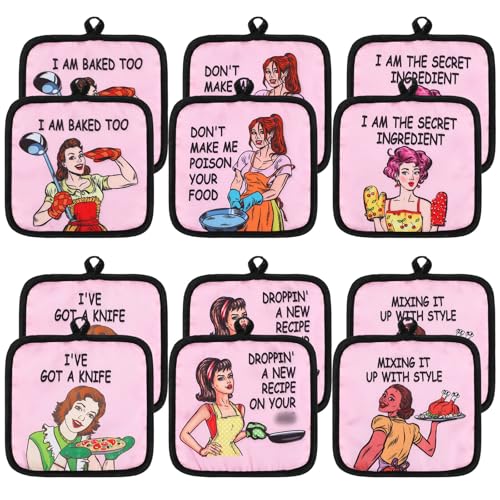 Reallnaive 12 Pieces Funny Oven Pot Holders 6.89 x 6.89 Inches Pot Holders for Kitchen Heat Resistant Oven Hot Pads for Women in Cooking, Baking and Grilling