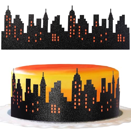 6 PCS City Cake Border Decoration Wrapper Toppers Nighttime City Skyline Stick On or Lay On Building Lighted Backdrop for Skyscraper New York Birthday Party Cake Decorations Supplies Black Orange