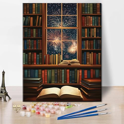TISHIRON Libreria per adulti, pittura con i numeri, biblioteca fantasy, kit per adulti principianti, libri vintage, pittura a olio acrilica, decorazione da parete per la casa, 40,6 x 50,8 cm (senza