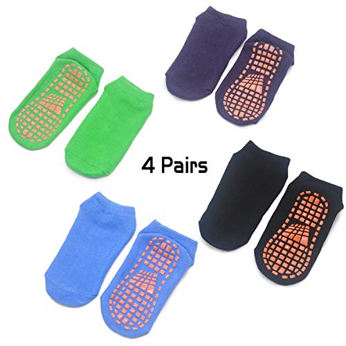 Trampoline Socks For Kids 4 Pairs , Anti-Skid Non Slip Sticky Grips Socks for Pilates, Ballet, Barefoot Workout