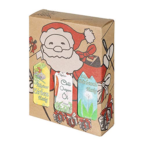 Weihnachts Genuss-Box - Feinkost Geschenk-Set - 3 x 100ml Fläschchen: 2 x Essig, 1 x Öl - Allgäuer Delikatessen mit Weihnachts Geschenkverpackung