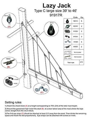 Nautos 003RFS - Lazy Jack Type C - Large Size - 39 to 46 FEET Sailboats - Complete KIT with Rope and 4 Furling Straps