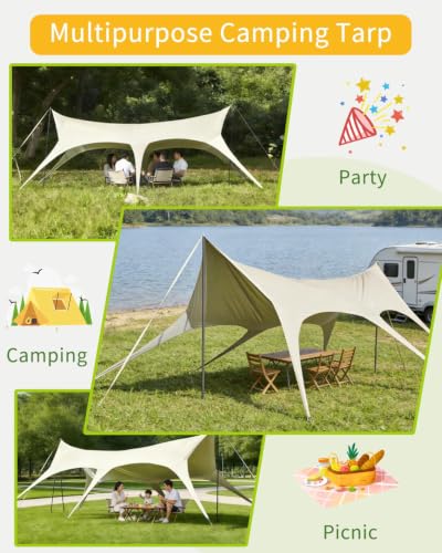 Camping Tarp with Poles, 10x18FT Tarp Shelter, No Guy Lines, Beige, Fast Setup, Water-Resistant 210D Oxford Fabric, 8.5FT Assembled Poles, Fits Up to 10 People for Camping & Picnic - image 8