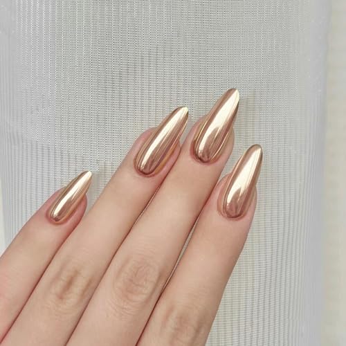 Gold Press on Nails Medium Almond Fake Nails Chrome False Nails G...