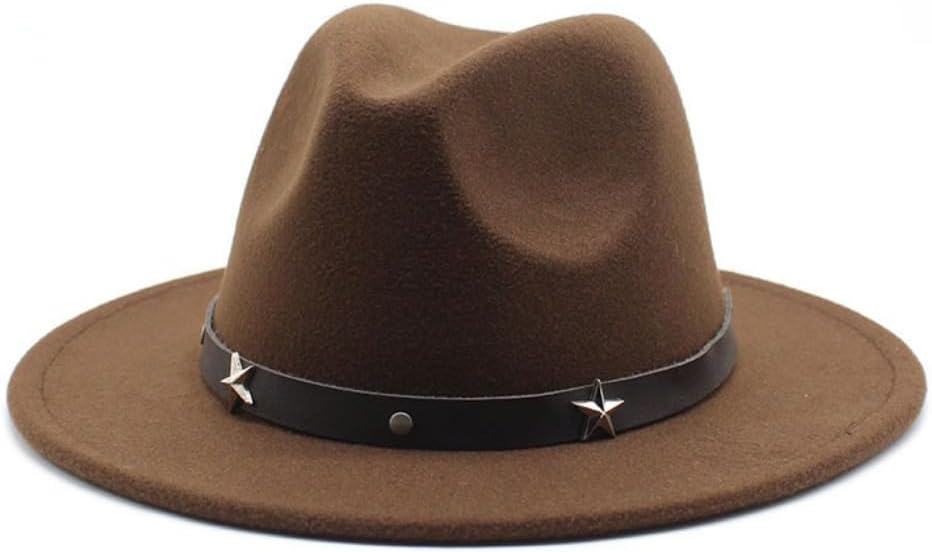 Classic Wool Felt Fedora Hat with Star Studded Band, Wide Brim, White