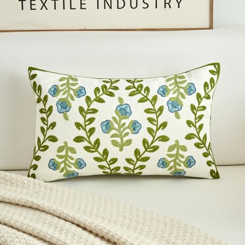Image of HOMFREEST Floral Embroidered Decorative Throw Pillow Covers 12x20 Inch Spring Blue Flower Green Leaf Pillows Farmhouse Patio Cushion Cases for Sofa Couch Home Bed