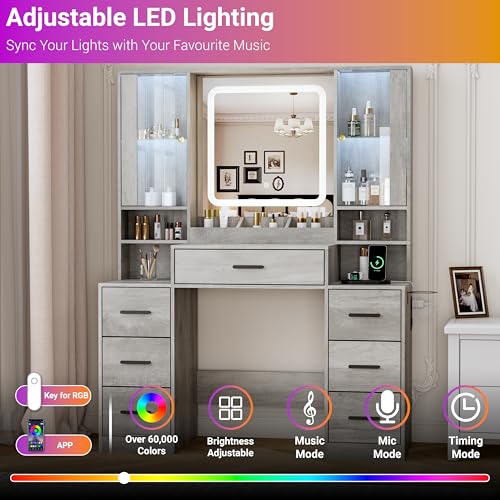 Image of BORNOON Vanity Desk with Mirror and Lights, Makeup Vanity with 7 Drawers, 2 Glass Door Cabinets, Charging Station, Adjustable Shelves, RGB Lighting, Holder