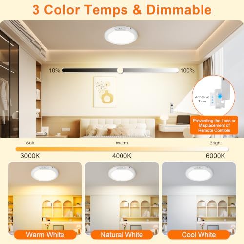 Rechargeable Ceiling Light,Magnetic Motion Sensor Light Indoor,3 Color Temps & Dimmable Wireless Ceiling Light Fixture with Remote, Battery Operated LED Light for Closet Shower Hallway Porch,White - 5