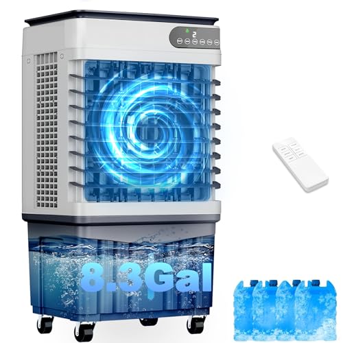 Swamp Cooler Air Conditioners, Large 8.3-Gal Tank for 7d Cooling, 4-IN-1 Portable Evaporative Cooler with LED Touch Screen, 3 Fan Speeds,12H Timer and Remote, 600 sq ft, Ideal for Large Rooms