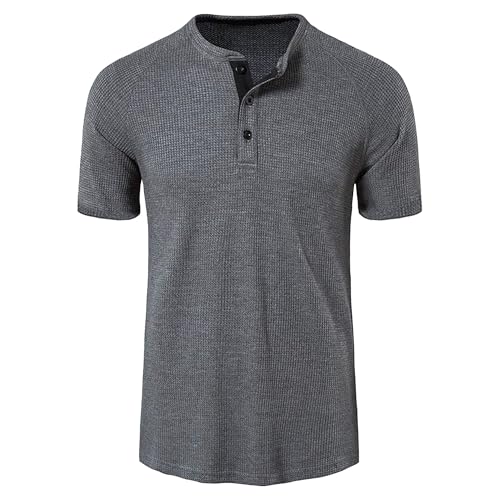Men Round Neck Short Sleeve Henry Shirt Quarter Button Waffle T Shirt Summer Classic Solid Comfortable Pullover (Grey,Small)