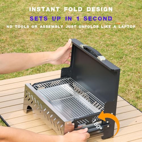 Griglia portatile a carbonella, senza montaggio, con maniglia per il trasporto con una sola mano, design antivento e anti-fumo, piccolo barbecue pieghevole per campeggio, tailgating, picnic