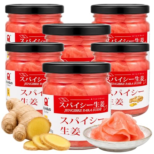 Jengibre rosa para sushi, beni shoga, Jengibre Encurtido, ideal para Sushi, okonomiyaki, yakisoba y Sashimi, La guarnición que tus platos japoneses, Contiene 6 unidades de 190 g