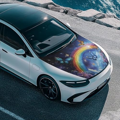 Image of 3.35 Ft Butterfly Rainbow Prints Car Hood Cover Polyester Elastic Fabric Waterproof Universal Fit Car Cover 39inches59inches /100cm150cm