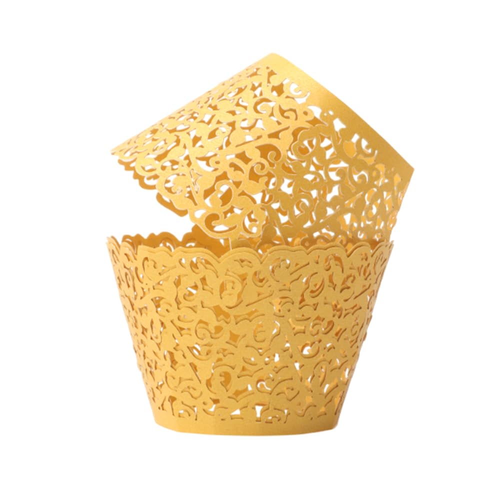 100pcs Yellow-Gold Cupcake Wrappers Artistic Bake Cake Paper Cups Little Vine Lace Laser Cut Liner Baking Cup Muffin Case Trays for Wedding Party Birthday Decoration (Gold)