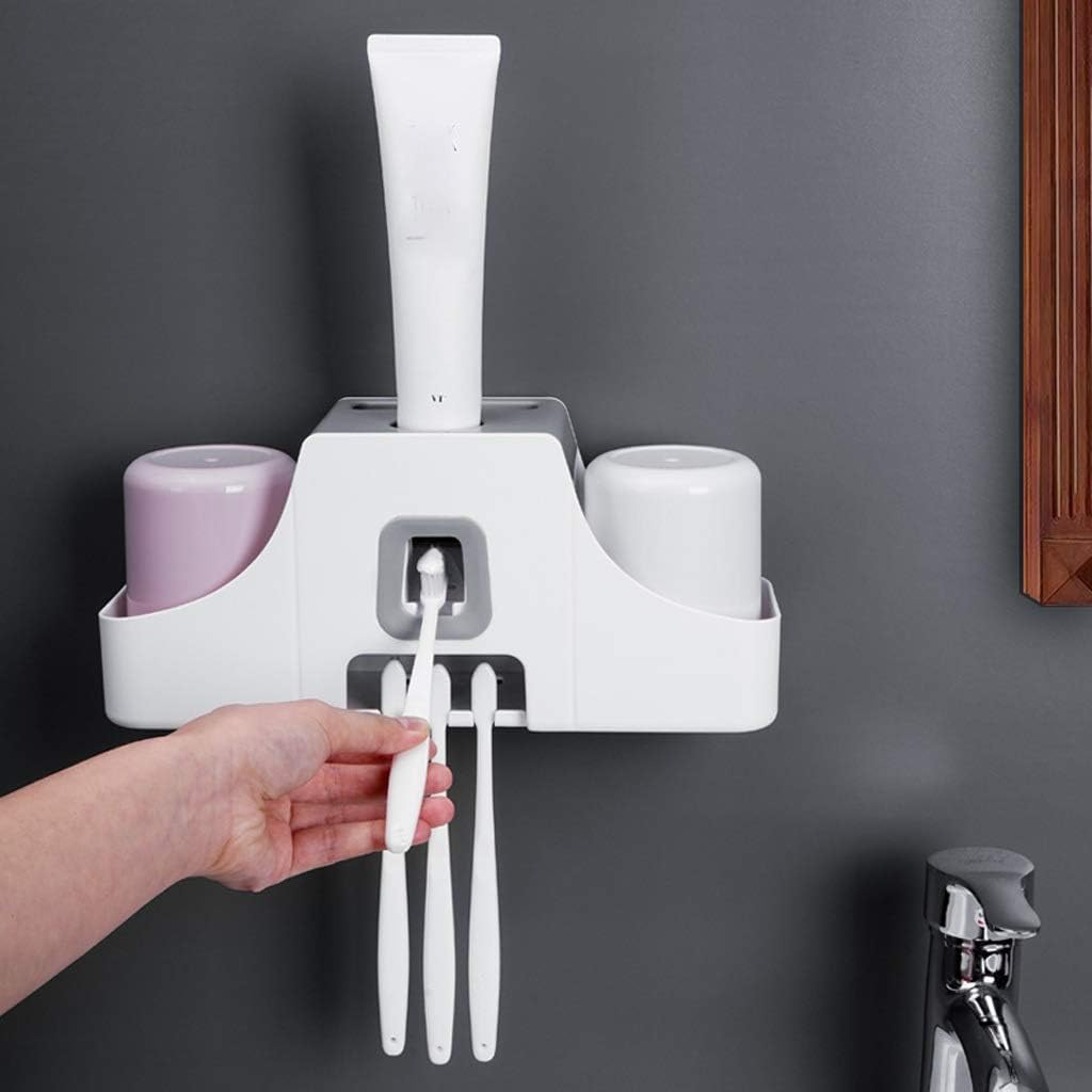 Toothbrush Holder Multifunctional Wall-Mounted and Toothpaste Squeezer Kit 3 Slots, Automatic Dispenser and 2 Cups