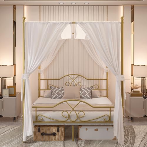 Weehom Canopy Bed Frame Queen Size with Headboard and Footboard Four-Poster Canopy Bed Metal Platform Mattress Foundation Underbed Storage No Box Spring Needed Easy Assembly Gold