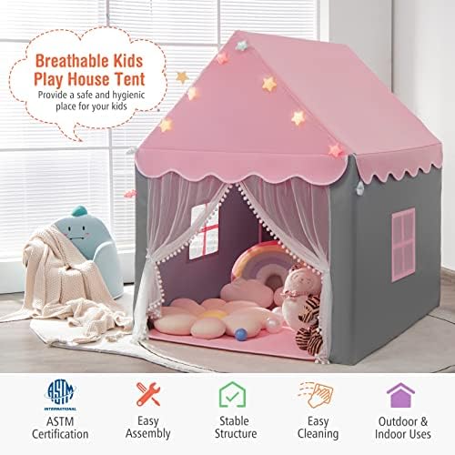 Costzon Kids Play Tent, Playhouse Tent w/ Washable Cotton Mat, Star String Lights, Windows, Bottom Zippers, Large Indoor & Outdoor Castle Fairy Tent, Easy Assembly, Gifts for Boys & Girls (Pink) 8 51wK080ed8L. AC