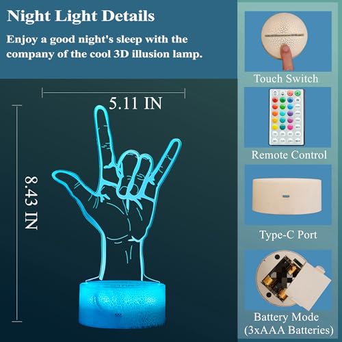 Image of I Love You Night Light, Loving You Hand Sign, Lover 3D Illusion Lamp with 16 Colors Changing, Timer, 4 Flash Modes and Dimmable, Men Women Boys Girls Room Decoration, Holiday Xmas Gifts