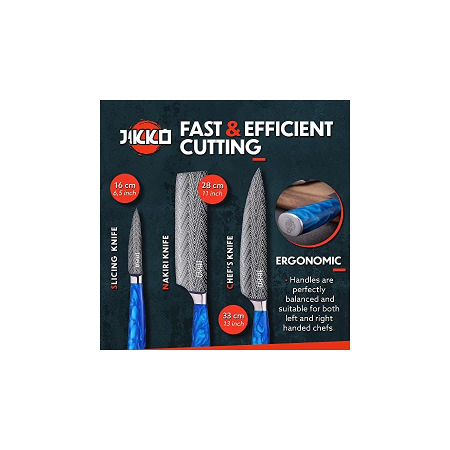 Jikko New Reinforced Carbon Steel Japanese Kitchen Knife Set – DiamondRazor Series – Ultra Sharp Japanese Knife Set & Chef Knife Set with Ocean Blue Handles – Professional Chef's Knives