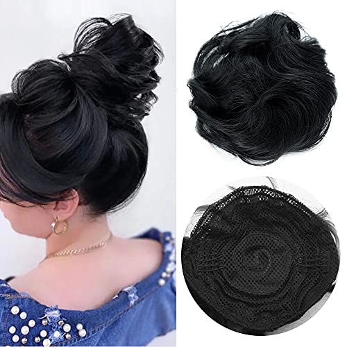 Messy Bun Hair Piece Drawstring Ponytail Buns Synthetic Curly Hair Scrunchies Chignon Hairpiece Wavy Updo Hair Extensions for Women Girls(Black)