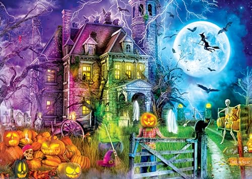 Image of MasterPieces Halloween Puzzle 500 Pieces Glow in the Dark Jigsaw, Spooky Seasonal Artwork, Random Cut Jigsaw Design with Matte Finish, Vibrant Nighttime Art, Halloween Puzzles 500 Pieces Collectible
