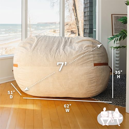 Image of Big Joe Fuf 7Ft Giant Foam Bean Bag Chair, Oversized Couch with Removable Cover for Kids, Teens, Adults, Vanilla Latte Corded Plush, 7 Foot | Premium Shredded Foam Filled, Corded Plush, Adult-Sized Comfortable Seating, Supports Up to 300 lbs