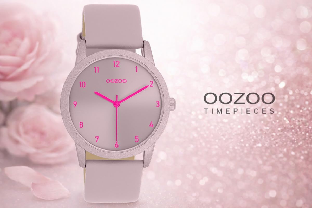 Oozoo C11648 Montre pour femme avec bracelet en cuir lilas 38 mm Mouvement à quartz japonais Verre minéral Cadran Sunray