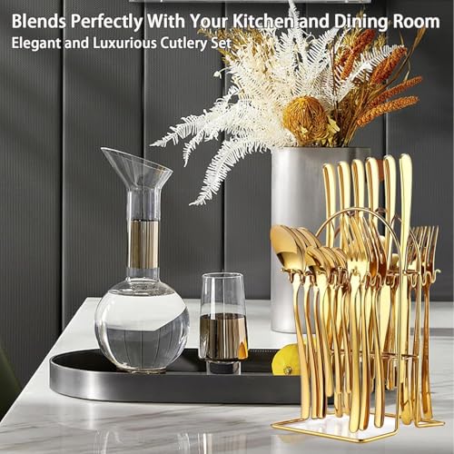 Image of 24 Pieces Flatware Set, Stainless Steel Cutlery Set with Silverware Holder, Modern Gold Silverware Set Includes Dinner Knives Forks Spoons,Hanging Silverware (Golden)