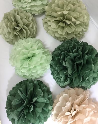 Image of Sage Green Tissue Paper Flower Pom Poms Kit 12pieces for Wedding Bridal Shower Engagement Bachelorette Birthday Party Decorations (Boho Sage Green)