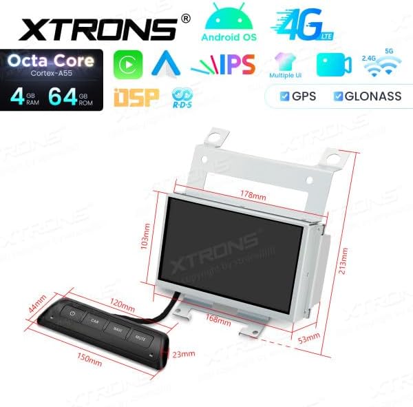Diagram showing the dimensions of the XTRONS car stereo unit and its remote control in millimeters, providing measurements for height, width, and depth.