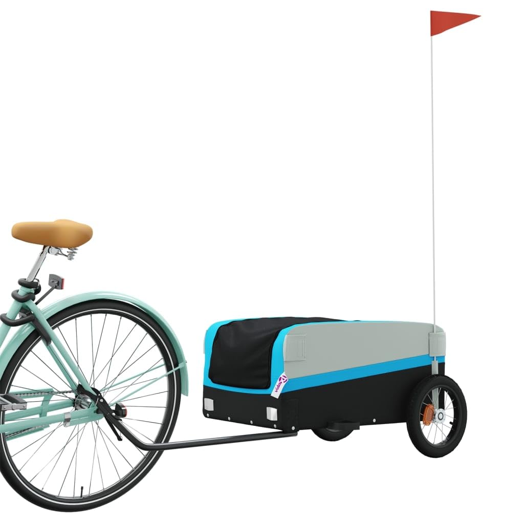 Rimorchio per bicicletta nero e blu, in ferro, portata 30 kg, trasporto di carichi per bambini e cani, con timone e bandiera di sicurezza, per escursioni in bicicletta all'aperto e vita