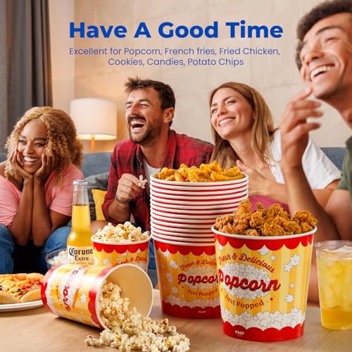Image of Fit Meal Prep 150 Pack Large Popcorn Buckets Disposable, 130 Oz Yellow and Red Paper Popcorn Containers Tubs for Home and Theater Movie Night