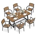 Cozyman Patio Table and Chairs Set, Patio Furniture Set, 7-Piece, HDPS All-Weather Material Outdoor Dining Set, Outdoor Furniture Set with Umbrella Hole, Brown-Oil Printed