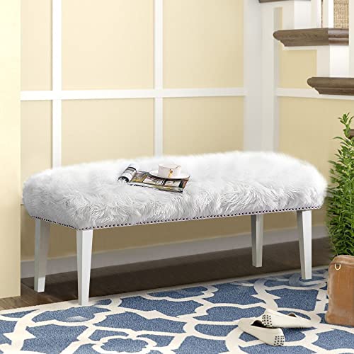 Awonde White Faux Fur Long Bench Upholstered Bed Bench For Bedroom Living Room Entryway Ottoman Bench With Wood Legs #TOP6