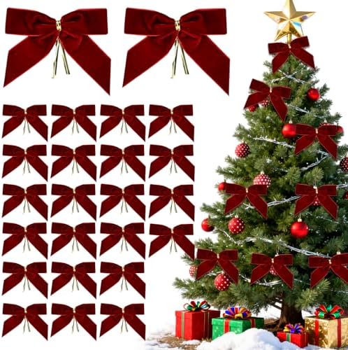 Oslynia 24 Pcs Red Velvet Christmas Tree Bows Ornaments, 3.5×3.5 inches ...
