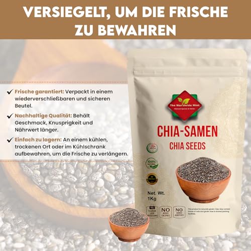 Chiasamen 1kg – 100% Natürlich, Reich an Omega-3, Ballaststoffen & Protein – Vegan, Glutenfrei, Rohes Superfood – Ideal für Smoothies, Backen, Porridge, Salate – Wiederverschließbarer Beutel